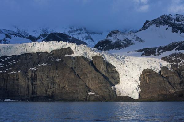 Foto de Bertram glacier tumbling down the rocks of Gold HarbourGold Harbour - Islas Georgias del Sur y Sandwich del Sur