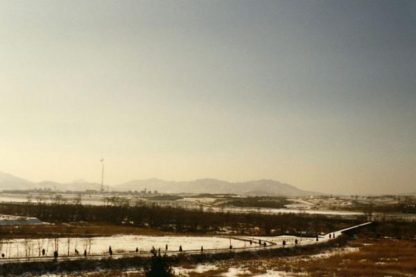 Picture of Panmunjom Border/DMZ zone with the tallest flagpole in a distance