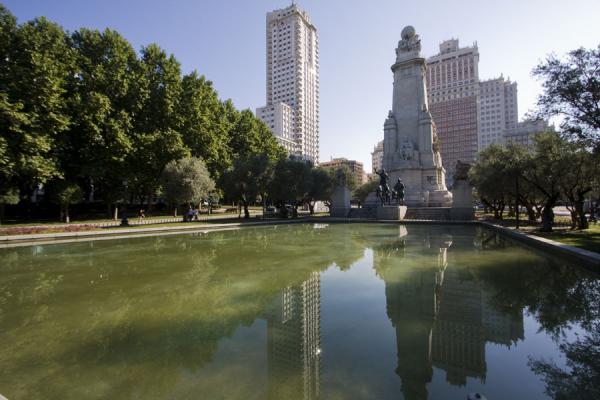 Picture of Reflection of Cervantes Monument and surrounding buildings on the Plaza de España