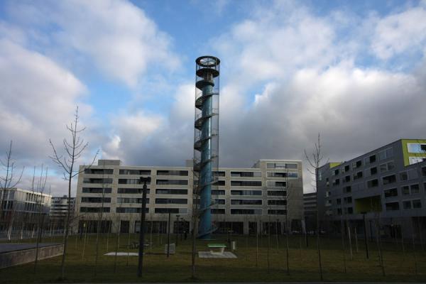 Watchtower and apartment blocks surrounding Oerliker Park | Oerliker Park | Switzerland