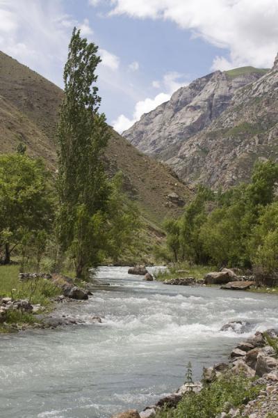 Foto van Shing river running through the valley, from the fifth to the fourth Marguzor lakeFan gebergte - Tadzjikistan