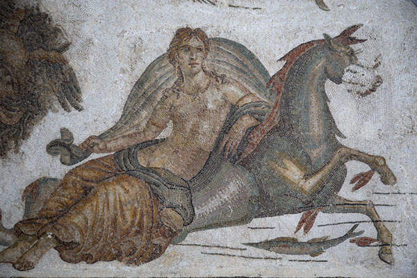 Picture of Bardo National Museum (Tunisia): Goddess sitting on a horse, fragment of a mosaic in the Bardo Museum