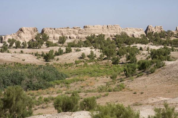 Foto van The ruins of Izmukshir, partly covered by trees, seen from the city wall - Turkmenistan - Azië