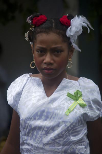 Picture of Tuvaluan people (Tuvalu): Girl from Tuvalu dressed up for church service on Sunday