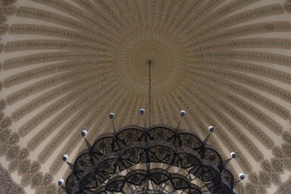 Close-up of chandelier and decorated main cupola of the mosque | Gadhafi National Mosque | Uganda