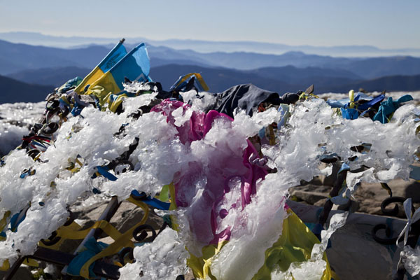 Foto van Flowers and flags covered in ice at the summit of Hoverla MountainHoverla - Oekraïne