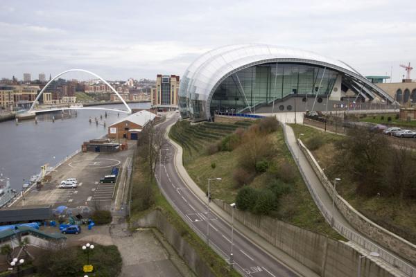 Sage Gateshead and Gateshead Millennium Bridge seen from Tyne Bridge | Sage Gateshead | United Kingdom