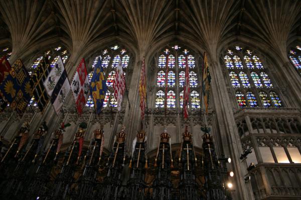 Inside St. George Chapel: looking up the enormous stained glass windows | Windsor Castle | United Kingdom