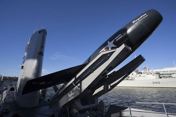 Picture of Cruise missile on top of the Growler submarine, docked next to the Intrepid