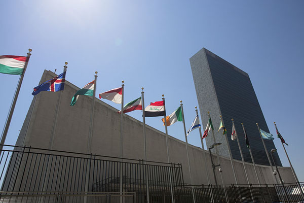 Picture of United Nations Headquarters (United States): Flags in front of the United Nations headquarters