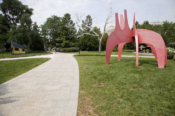 Path with the Red Horse, House I, and Graft, the silver tree, in the Sculpture Garden | Sculpture Garden | United States