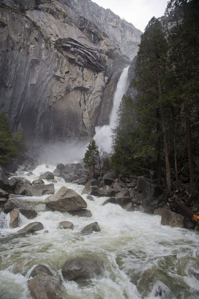 Foto van Lower Yosemite fall with river reaching the valley floorYosemite - Verenigde Staten