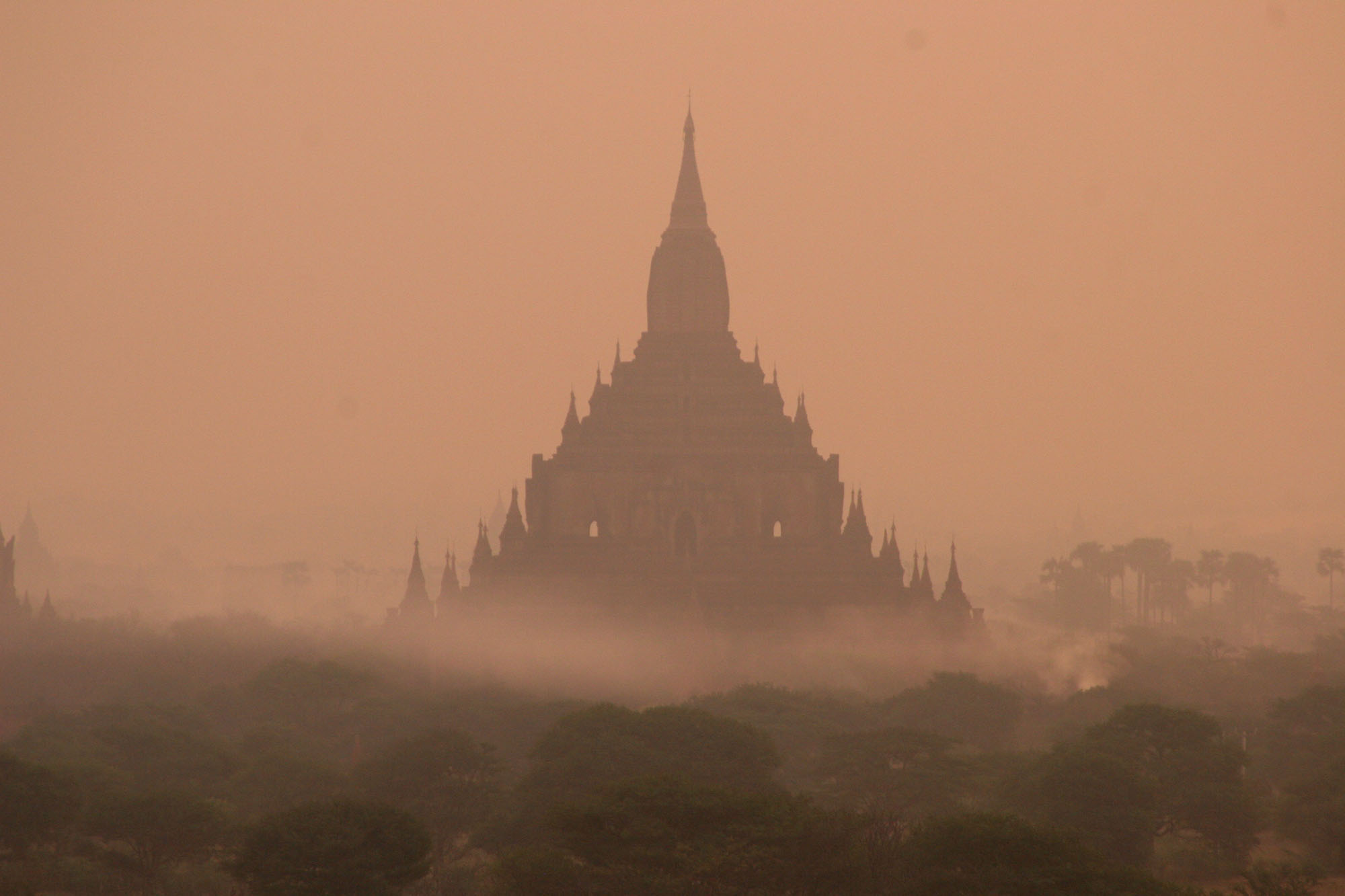Temple in morning mist, Myanmar