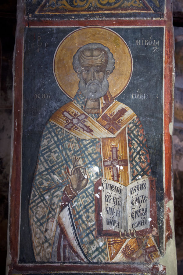Detail of the frescoes on the wall of St Mary Blachernae Chapel, Albania