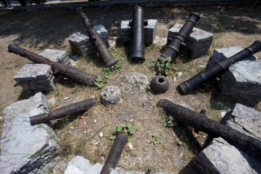 Collection of Ali Pasha cannons on display on the walls of the castle of Gjirokastër, Albania