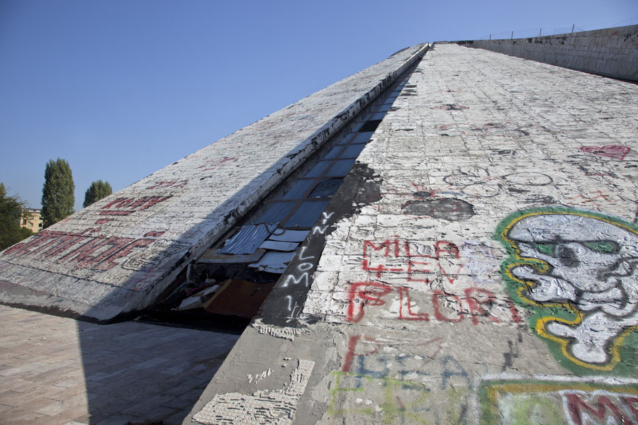 One of the angles of the graffiti-covered pyramid, Tirana Pyramid, Albania