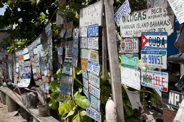 International licence plates and driftwood on display on Dunmore Street | Dunmore Town | Bahamas