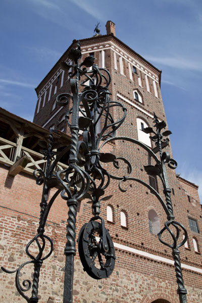 Picture of Looking up the well decoration and the central tower of Mir castleMir - Belarus