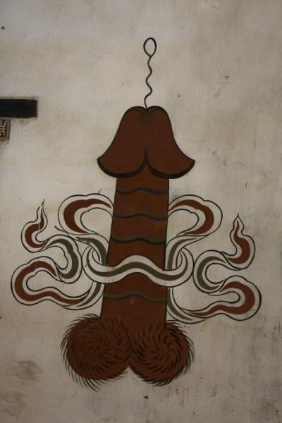 Phallus with sperm coming out on wall, Bhutan phallic symbols, Bhutan