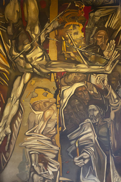 Close-up of one of the modernist frescoes inside the Cathedral of the Ascension of the Lord | Forteresse Tsarevets | Bulgarie