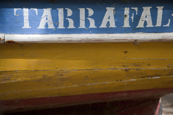 Detail of a painted fisher boat docked on the beach at Tarrafal, Cabo Verde