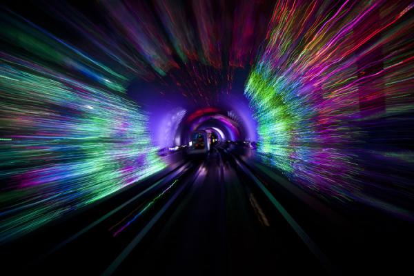 Picture of Multicoloured lights in the Bund Sightseeing Tunnel with moving cabinShanghai - China