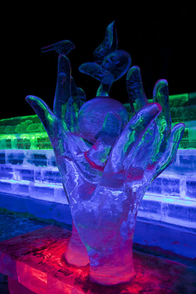Elegant hands sculpted of ice, Ice Lantern Art Show, China