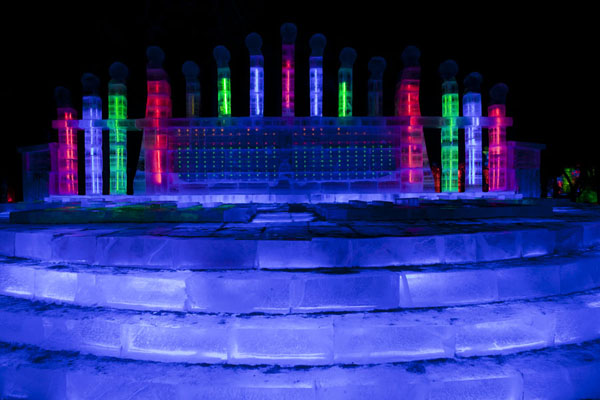 Stairs and platform made of ice with colourful pillars, Ice Lantern Art Show, China