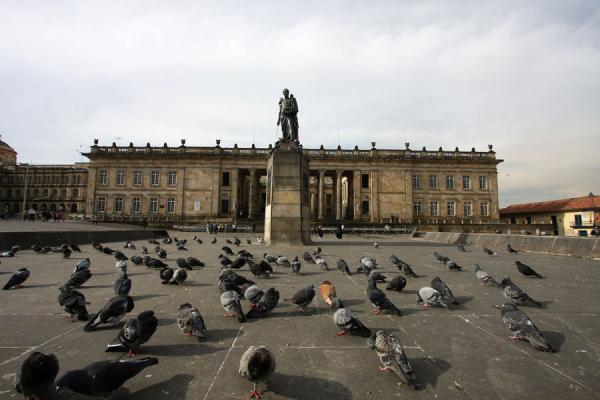 Plaza Bolívar with a statue of the liberator surrounded by pigeons, Colombia Pigeons around the statue of Simón Bolívar on the main square, Colombia