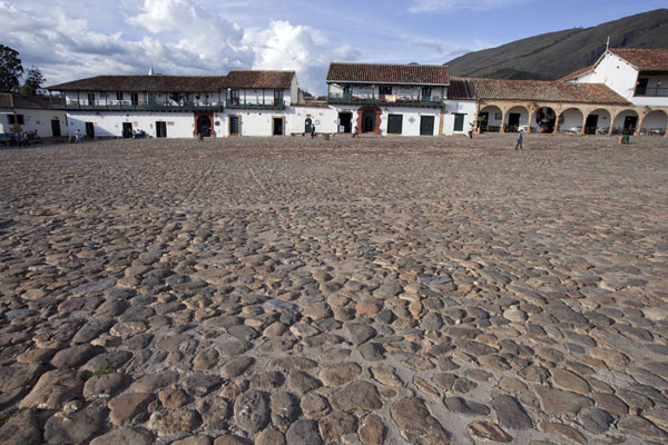 Looking east at the main square, or Plaza Mayor, of Villa de Leyva, Colombia