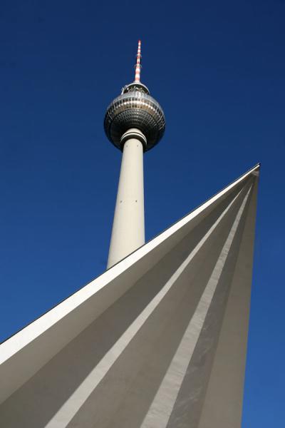 Berlin Alexanderplatz: TV tower seen from below, Germany