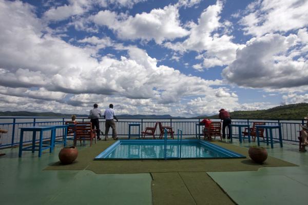 The front deck with swimming pool and dancing Africans | Lake Volta Cruise | Ghana