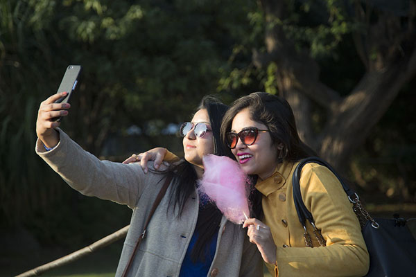 Indian girls taking a selfie in the Garden of Five Senses | Garden of Five Senses | India