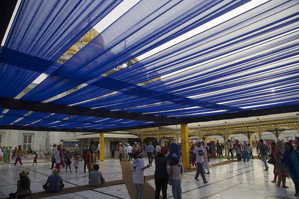 View from under the purple cloth serving as a roof of Gurudwara Bangla Sahib | Gurudwara Bangla Sahib | India