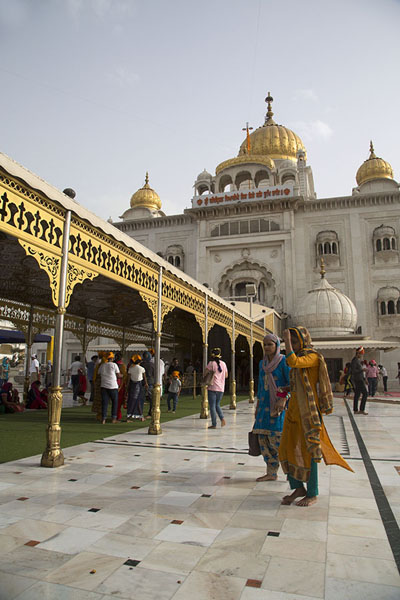 Looking up at the main temple with golden domes of Gurudwara Bangla Sahib | Gurudwara Bangla Sahib | India