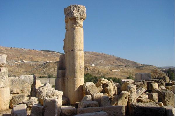 A pillar among the rubble still to be sorted out, Wadi Seer, Jordan
