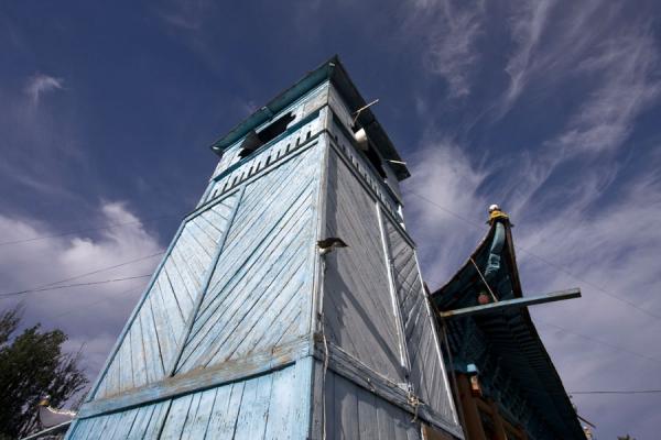 Looking up the minaret of the mosque of Karakol, Kyrgyzstan