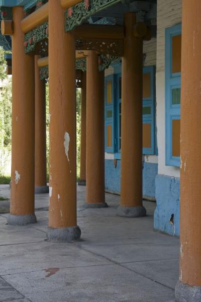 Wooden columns around the mosque of Karakol, Kyrgyzstan