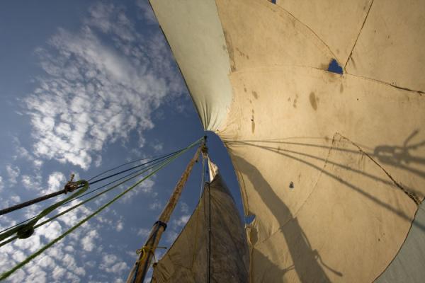 Looking up the sail of the dhow to Chizumulu | Chizumulu Island | Malawi