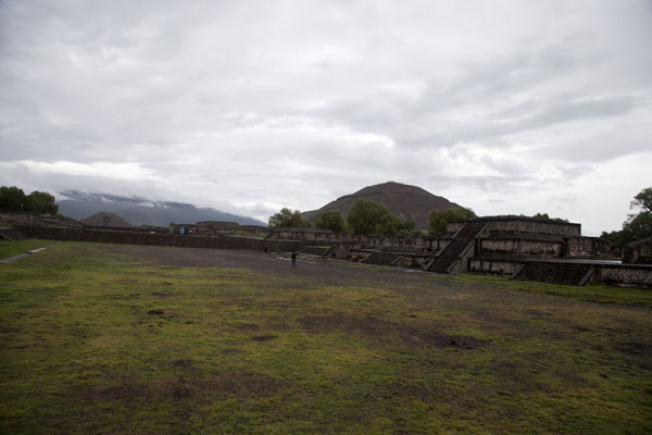 Looking north towards the Pyramid of the Moon (left) and the Pyramid of the Sun, Mexico