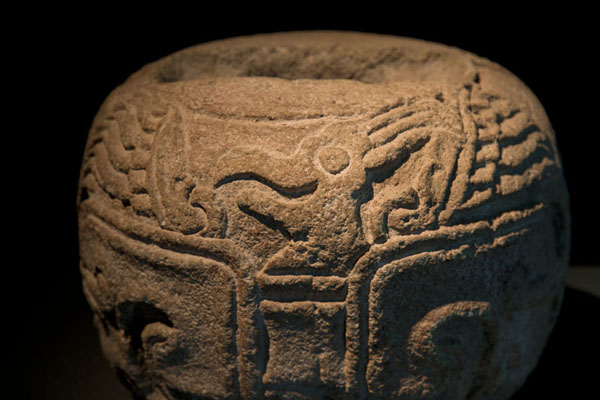 Detail of object with bird head on display in the Teotihuacan Museum, Mexico