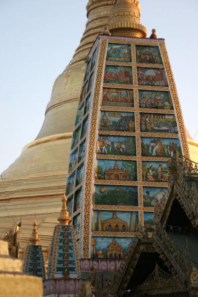 Foto van A smaller stupa with illustrations at Shwedagon PagodaMyanmar - Myanmar