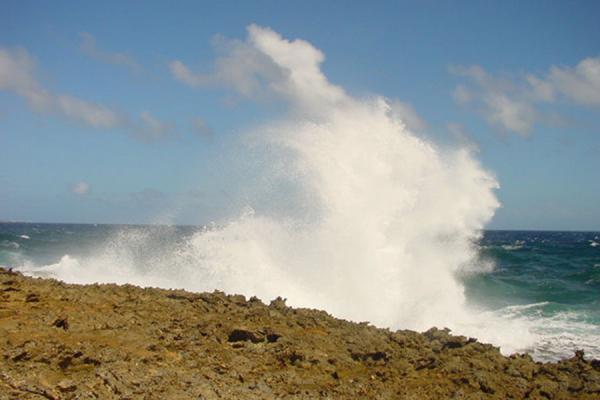 Foto van Wave crashing against the rocky coastline of CuracaoCuracao - Nederlandse Antillen
