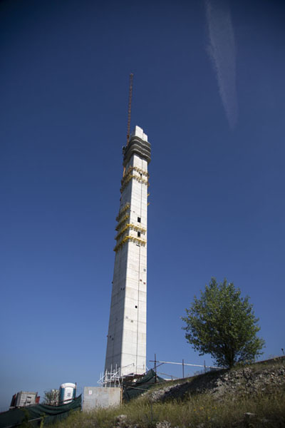 Looking up the big tower under construction, North Macedonia