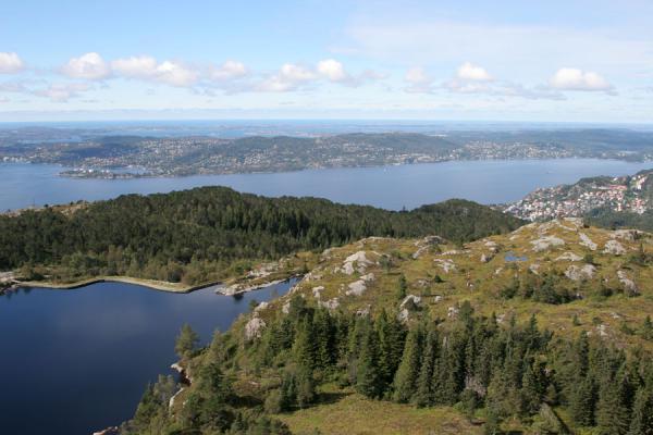 Forest, lakes, fjord and the sea: view over the surroundings of Bergen - Mount Fløyen hiking, Norway