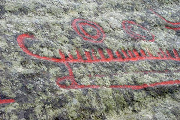 Detail of one of the boats. The vertical lines represent crew and passengers - Solbakk Helleristninger, Norway
