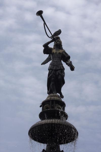 Close-up of the statue on top of the fountain on Plaza de Armas, Peru