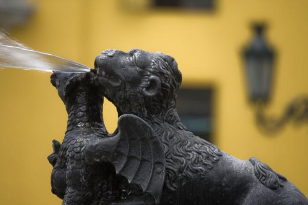 Close-up of winged animal on the fountain of the Plaza de Armas, Peru