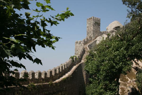 Defensive wall running up a hill, Moorish Castle, Portugal