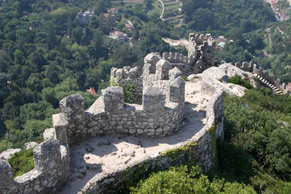 Wall of the Moorish Castle, meandering down over the Serra da Sintra, Portugal